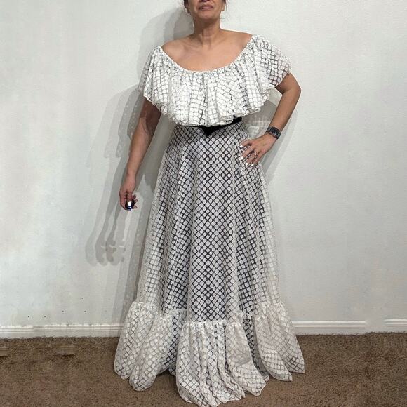 Les Wilk White Lace Ruffle Overlay Velvet Belted 70's Maxi Dress Sz M - Picture 1 of 11